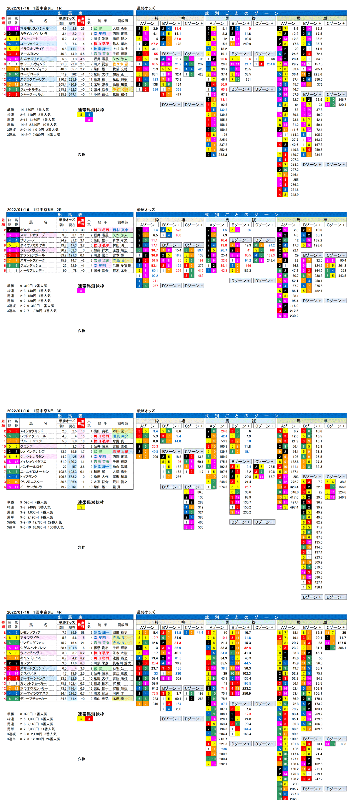 22年1月16日（日曜）FactorX分析結果　1回中京競馬6日目1R〜4R