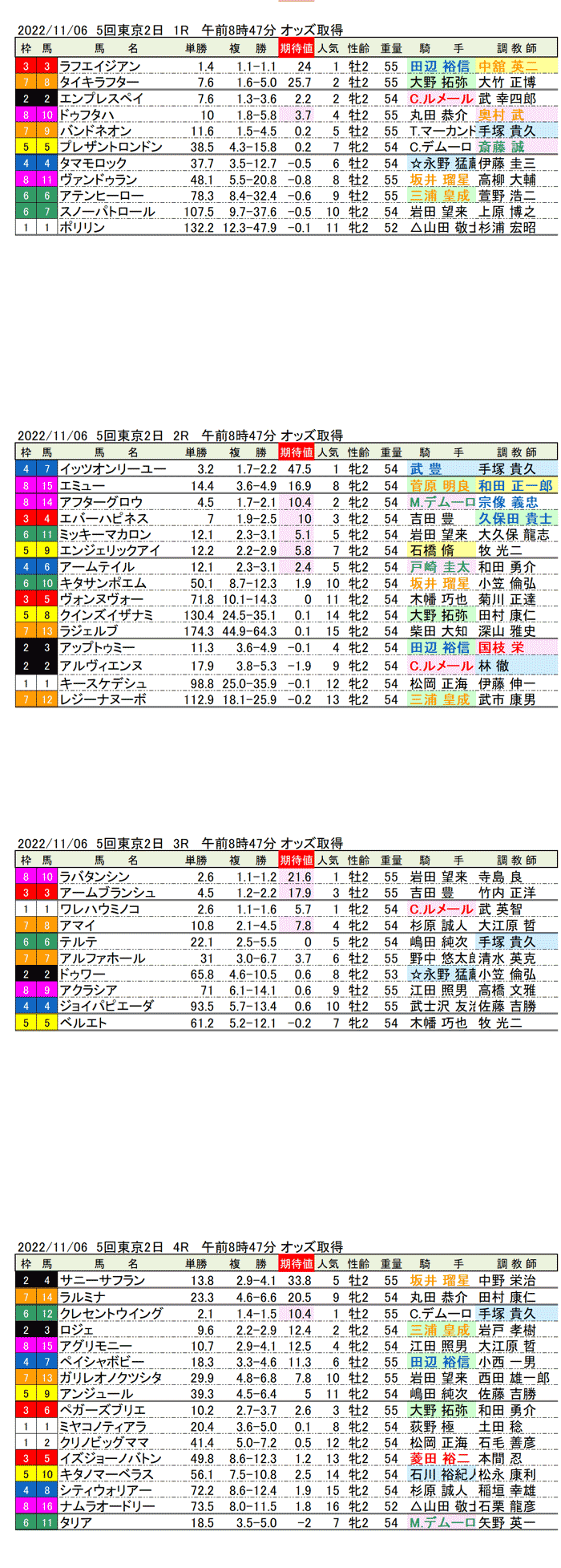 22年11月6日（日曜）期待値の公開 5回東京競馬2日目1R〜4R