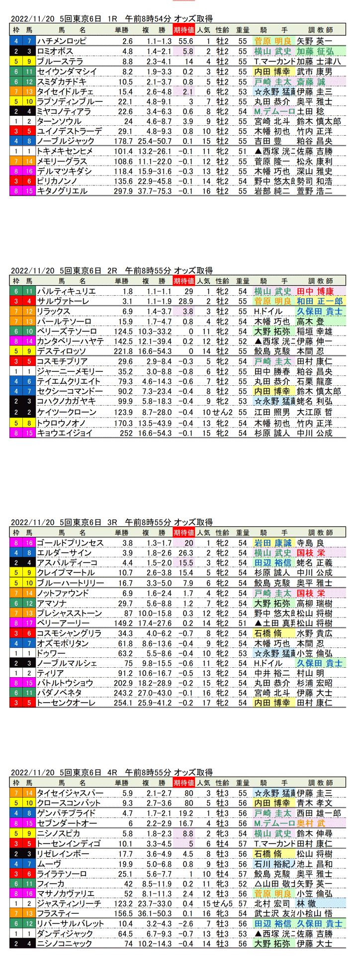 22年11月20日（日曜）期待値の公開　5回東京競馬6日目1R〜4R