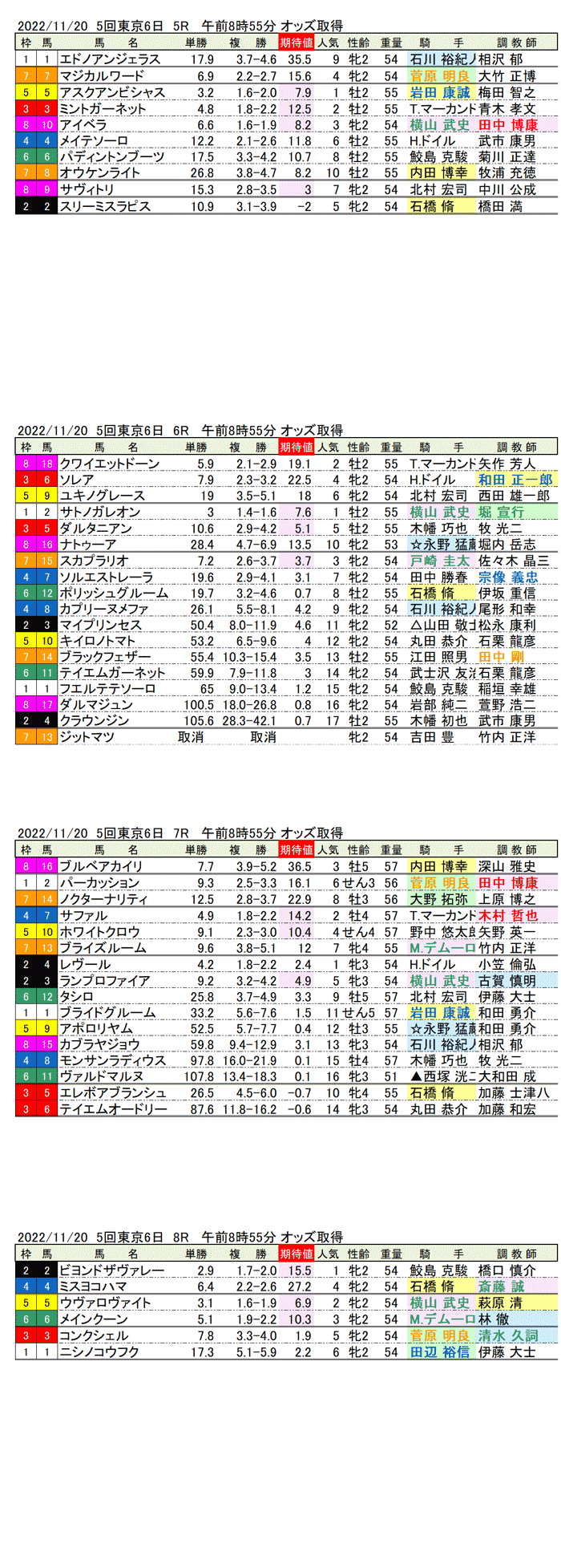 22年11月20日（日曜）期待値の公開　5回東京競馬6日目5R〜8R
