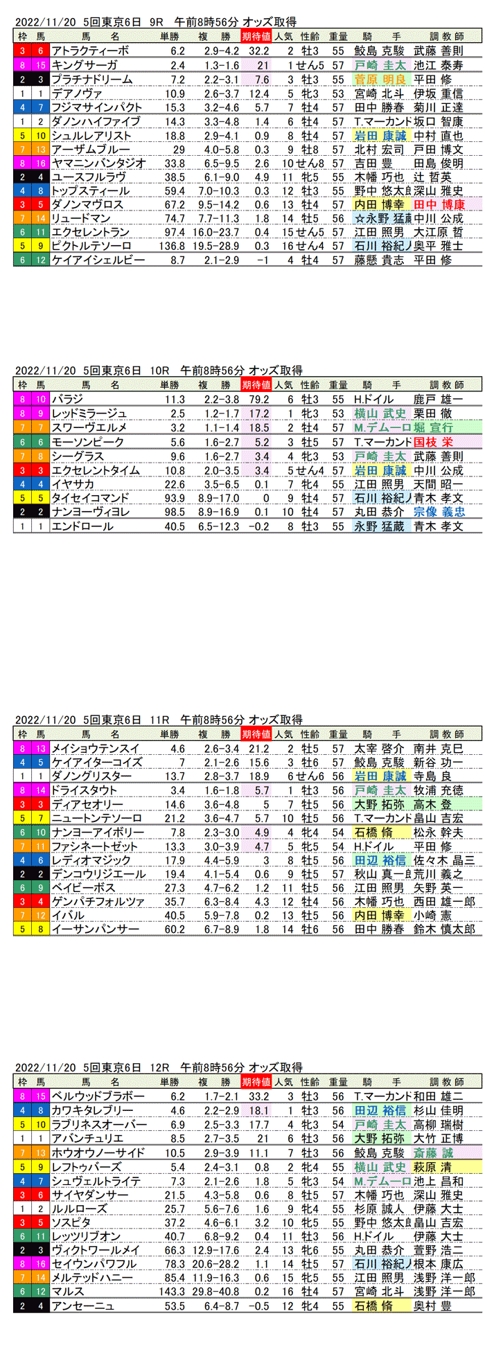 22年11月20日（日曜）期待値の公開　5回東京競馬6日目9R〜12R　霜月ステークス