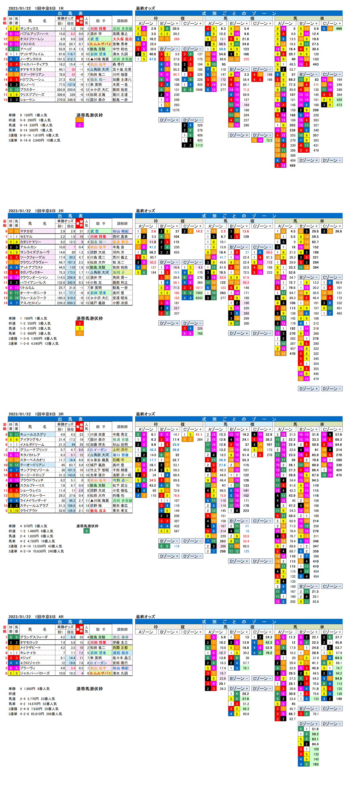 23年1月22日（日曜）FactorX分析結果　1回中京競馬8日目1R〜4R