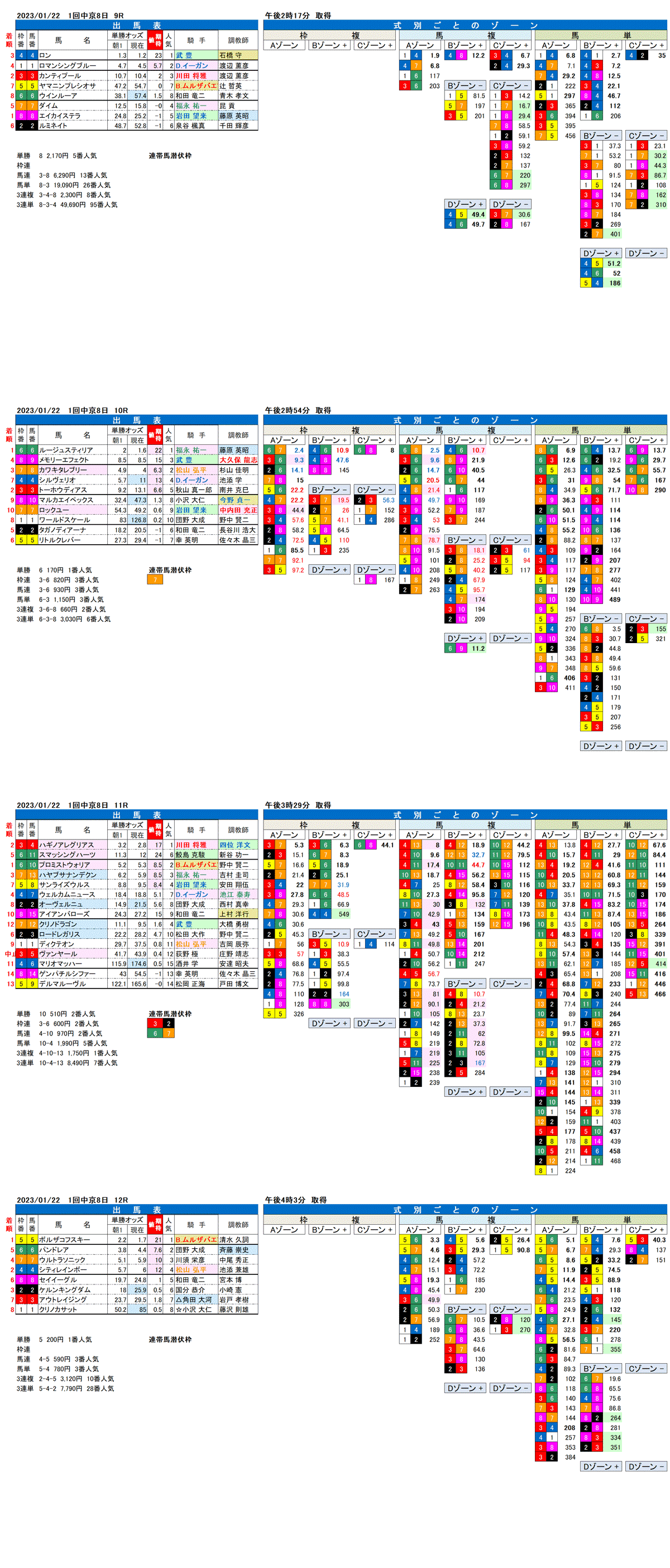 23年1月22日（日曜）FactorX分析結果　1回中京競馬8日目9R〜12R　第40回東海ステークス