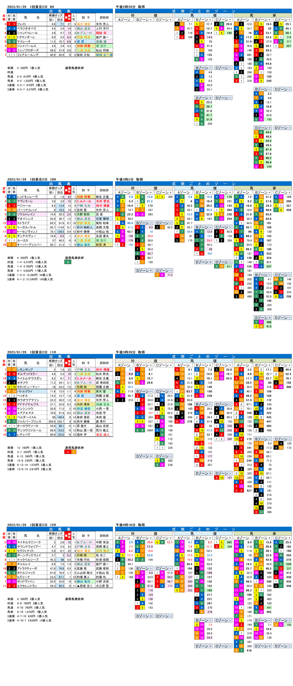 23年1月29日（日曜）FactorX分析結果　1回東京競馬2日目9R〜12R　第37回根岸ステークス