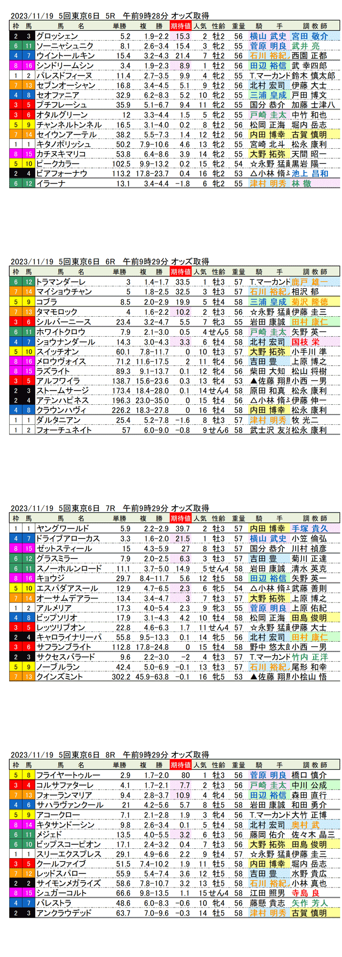 23年11月19日（日曜）期待値の公開　5回東京競馬6日目5R〜8R