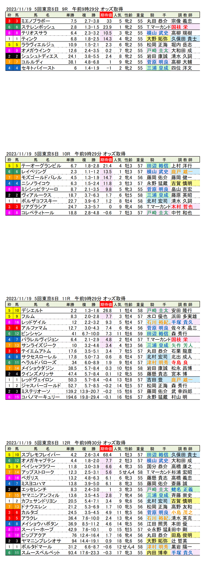 23年11月19日（日曜）期待値の公開　5回東京競馬6日目9R〜12R　霜月ステークス