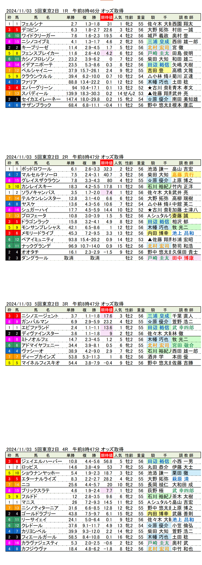 24年11月3日（日曜）期待値の公開 5回東京競馬2日目1R〜4R