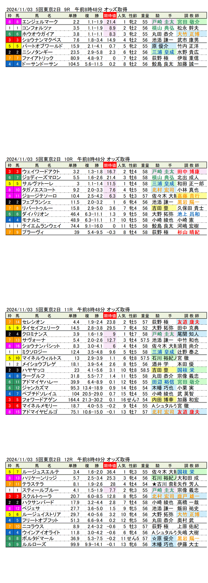 24年11月3日（日曜）期待値の公開 5回東京競馬2日目9R〜12R 第62回アルゼンチン共和国杯