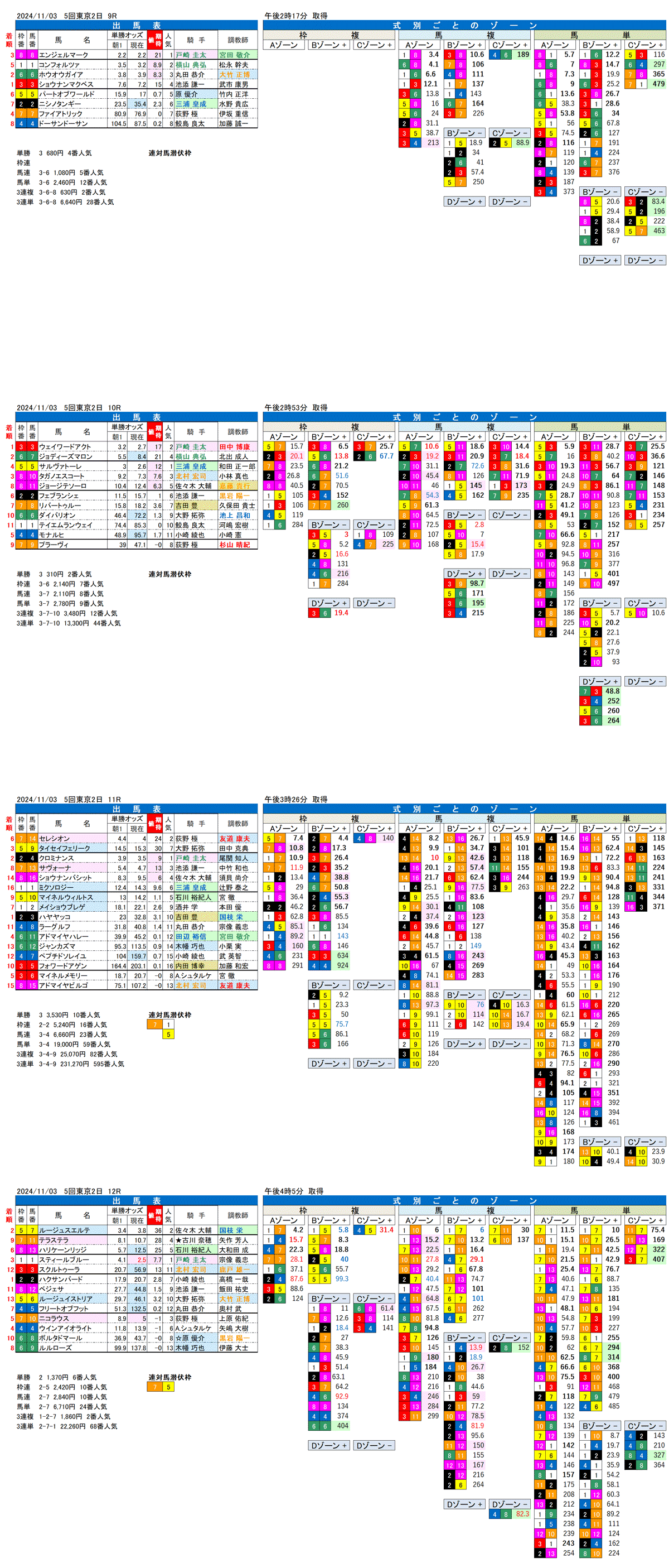 24年11月3日（日曜）FactorX分析結果 5回東京競馬2日目9R〜12R 第62回アルゼンチン共和国杯