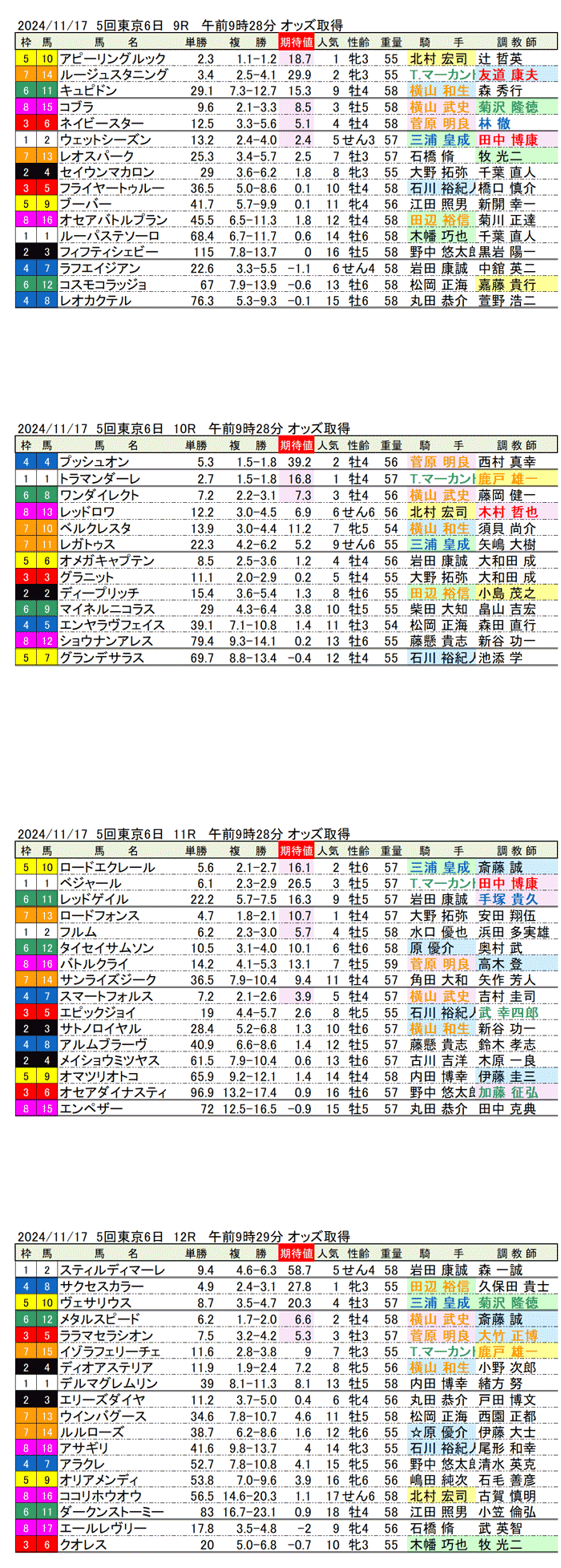 '24年11月17日（日曜）期待値の公開　5回東京競馬6日目9R〜12R 霜月ステークス