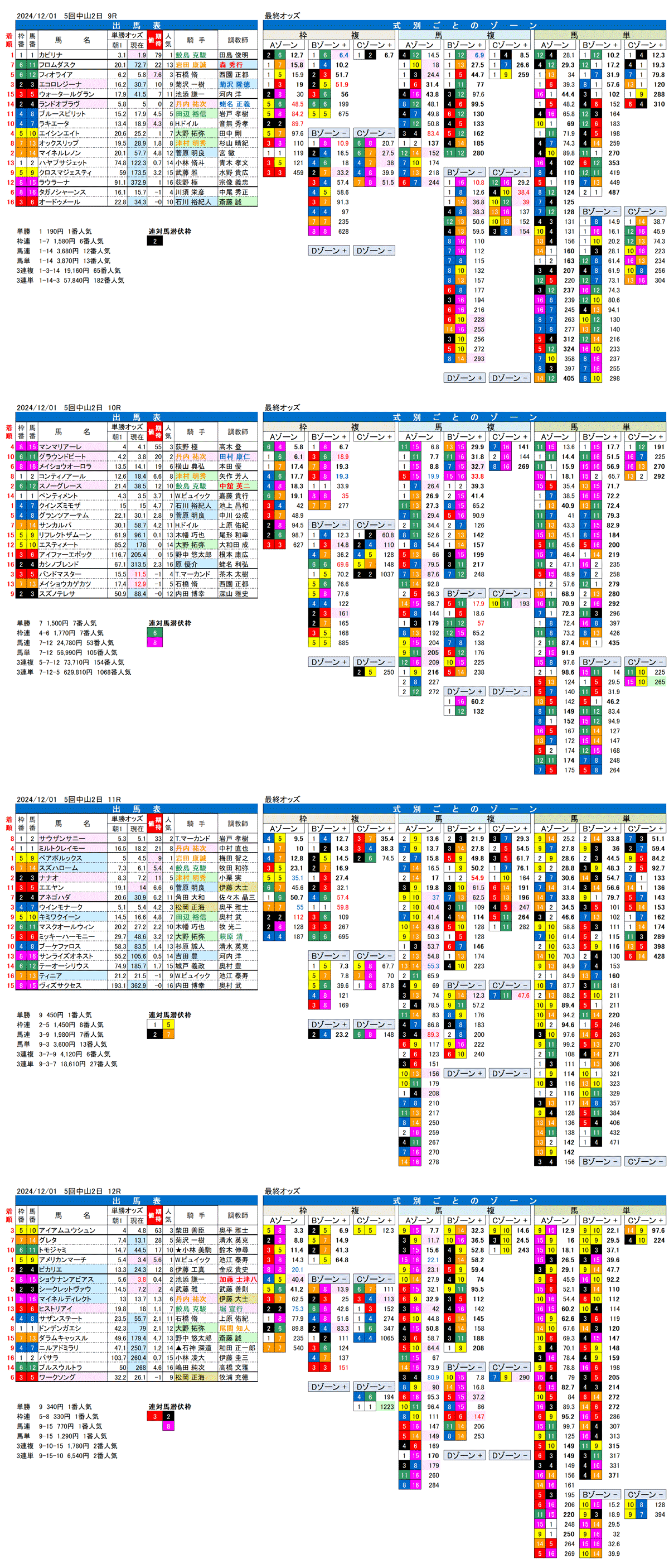 '24年12月1日（日曜）FactorX分析結果 5回中山競馬2日目9R〜12R ラピスラズリステークス