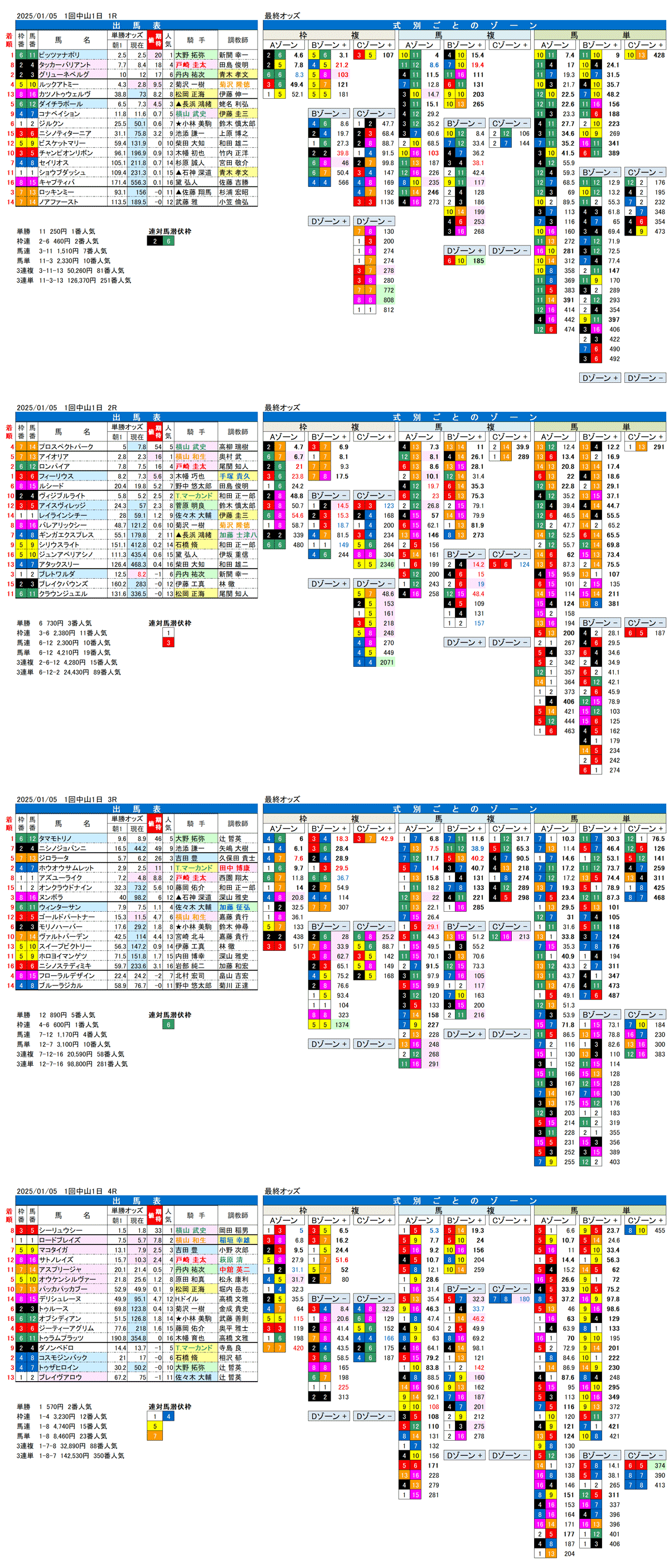 '25年1月5日（日曜）FactorX分析結果1回中山競馬初日1R〜4R